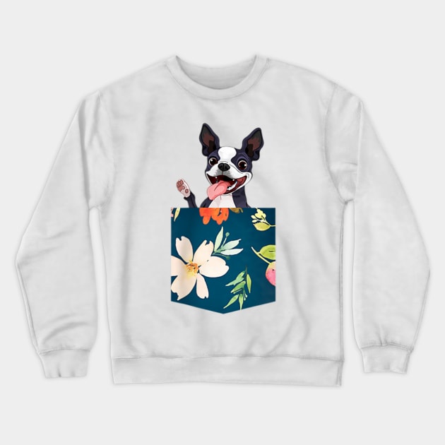 Boston Terrier In Floral Pocket Crewneck Sweatshirt by Pretr=ty